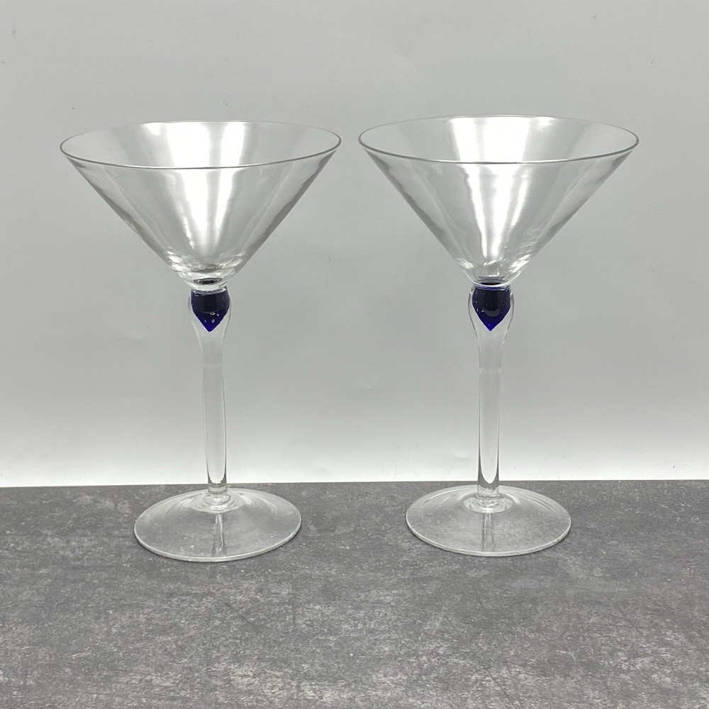 Vintage Pair 2 Zrike Cobalt Blue Teardrop Handblown 7" Martini Cocktail Glasses